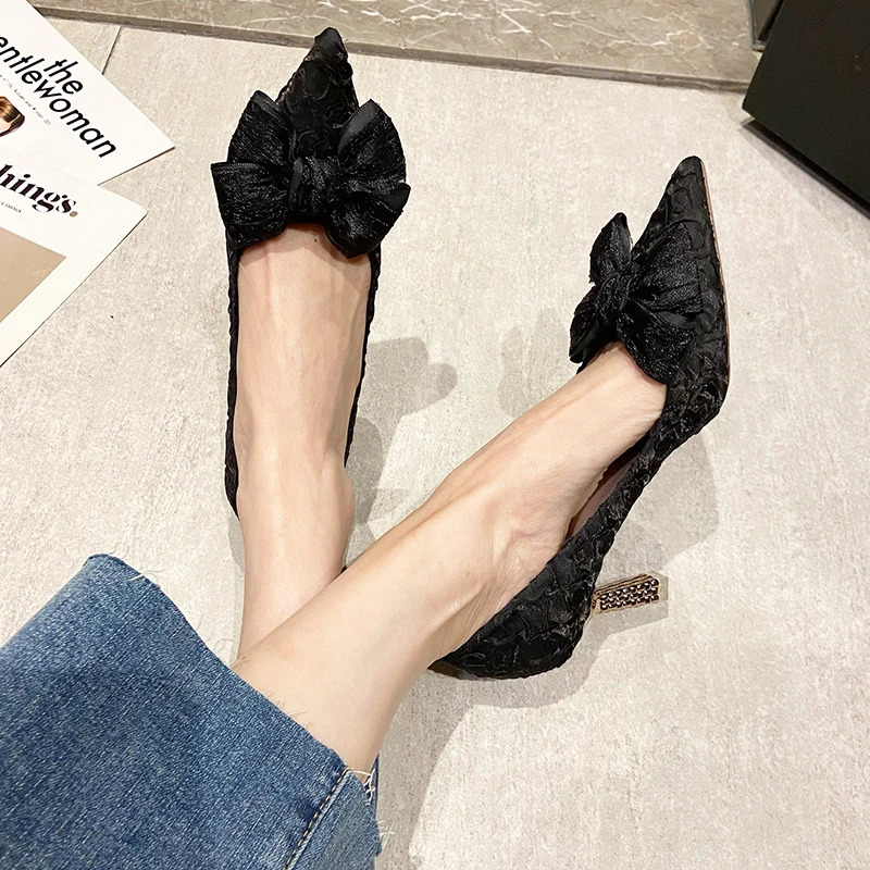 Green silk bow high-heeled pump suitable for womens sexy toes metal slim high heels wedding party shoes 2024 spring bomb 241024