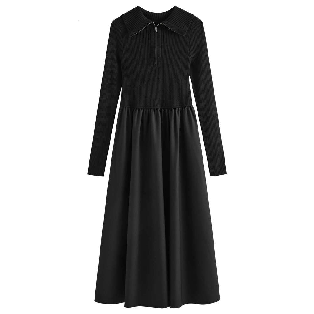 FSLE Elegant Lapel Knit Splicing Chic Black For Women 2024 Autumn Winter New Design Versatile Casual Long Dress 24Fs14251