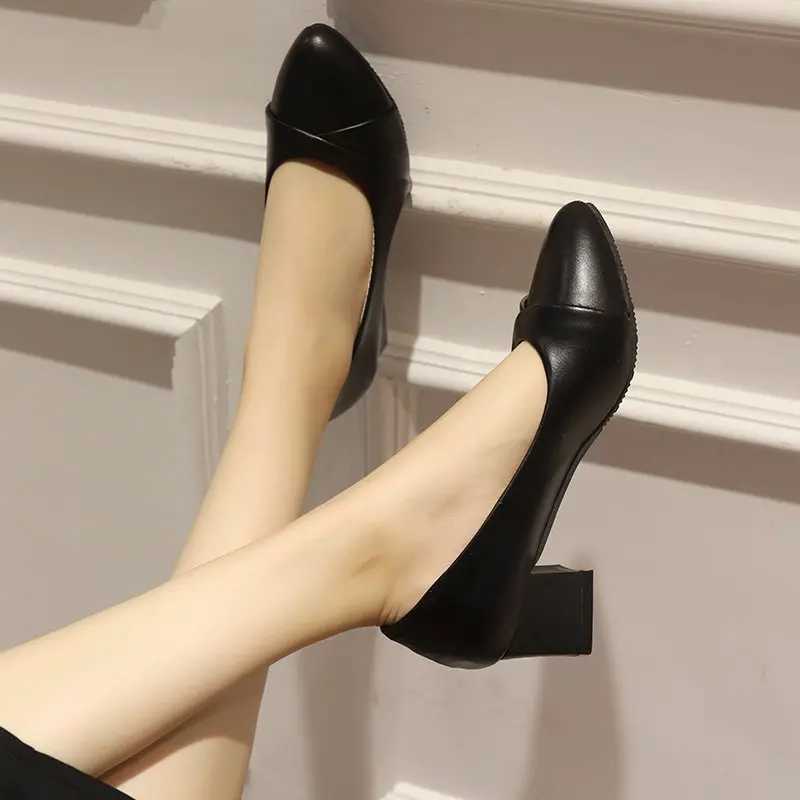 High Quality Womens mid heel office pump PU leather black basic square heel spring autumn womens shoes Zapatos size 35-41 T241024
