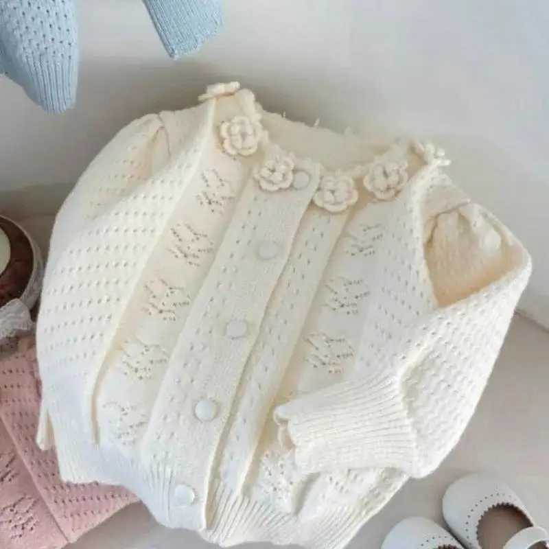 Girls chic cut style sweater jacket floral collar spring knit autumn and winter long sleeved cardigan new 2024 W241025