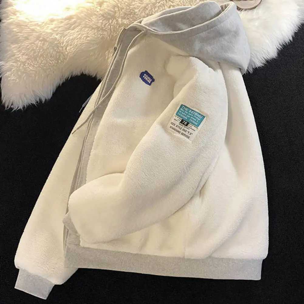 Imitation Lambswool Hoodie Thickened Hoodie Winter Hoodie Sweater Jacket with Zipper Drawstring Pocket Couple Color Lock W241024