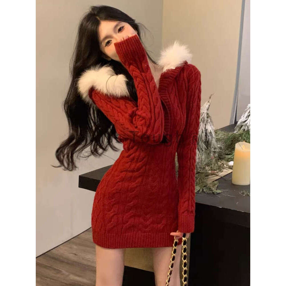 Christmas Red Elegant New Sweater Women Slim Fur Patchwork Hooded Knitted Dress Female Korean Fashion Casual Warm Clothes 2024