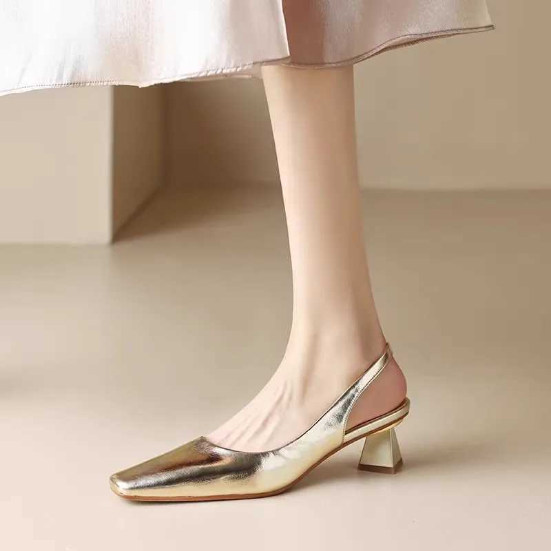 High Quality Womens Sandals Womens Square Leather Toe Med Heel Summer Womens Gold Strap Pump Shoes Womens Wedding Party Sizes 35-41 T241024