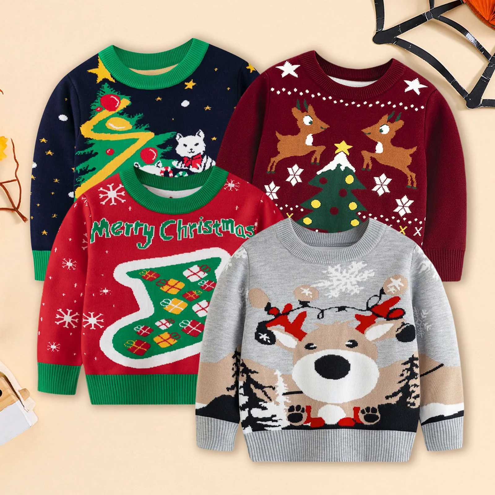2024 Winter Christmas Sweater Childrens Cartoon Printed Knitted Pullover Autumn and Winter New Boys and Girls Cotton Warm Knitted 2-6 Years W241025