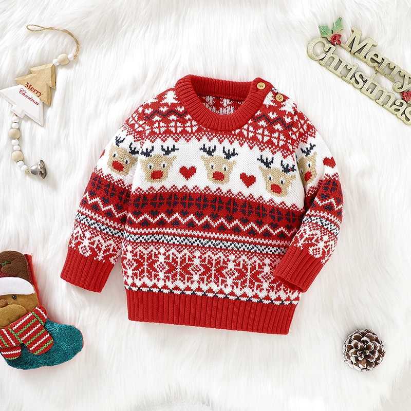 New Baby Christmas Sweater Deer Snow Print Cartoon Baby Christmas New Year Childrens Clothing Autumn Winter Childrens Knitted Clothing W241025