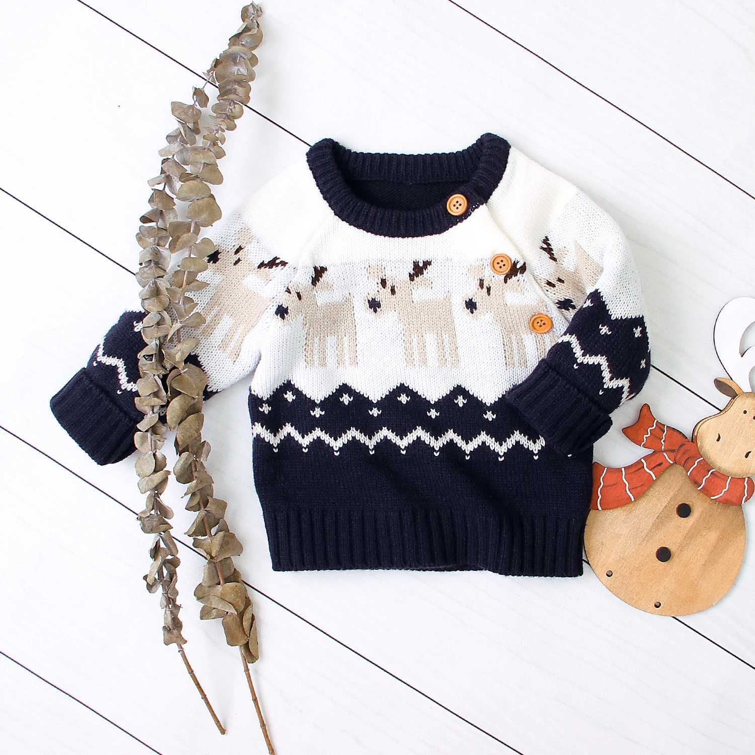 Christmas Girl Boy Knitted Cartoon Sweater Round Neck Long Sleeve Loose Sweater with Elk Pattern Suitable for Spring and Winter W241025