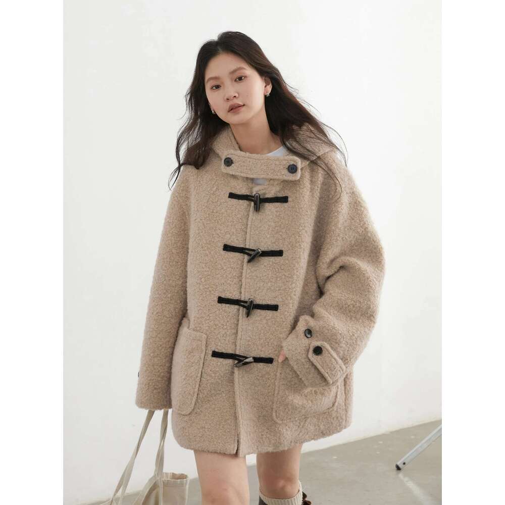 CHIC VEN Women's Woolen Loose Solid New Korean Black Coat Cow Horn Buckle Female Hooded Jacket Outerwear Autumn Winter 2024