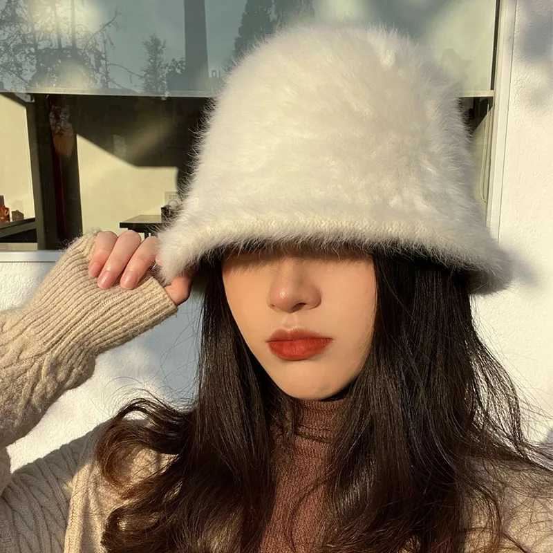 2024 New Winter Rabbit Fur Hat Womens Fashion Solid Color Bucket Cap Fishermans Hat Retro Knitted Wool Basin Bucket HatX241025