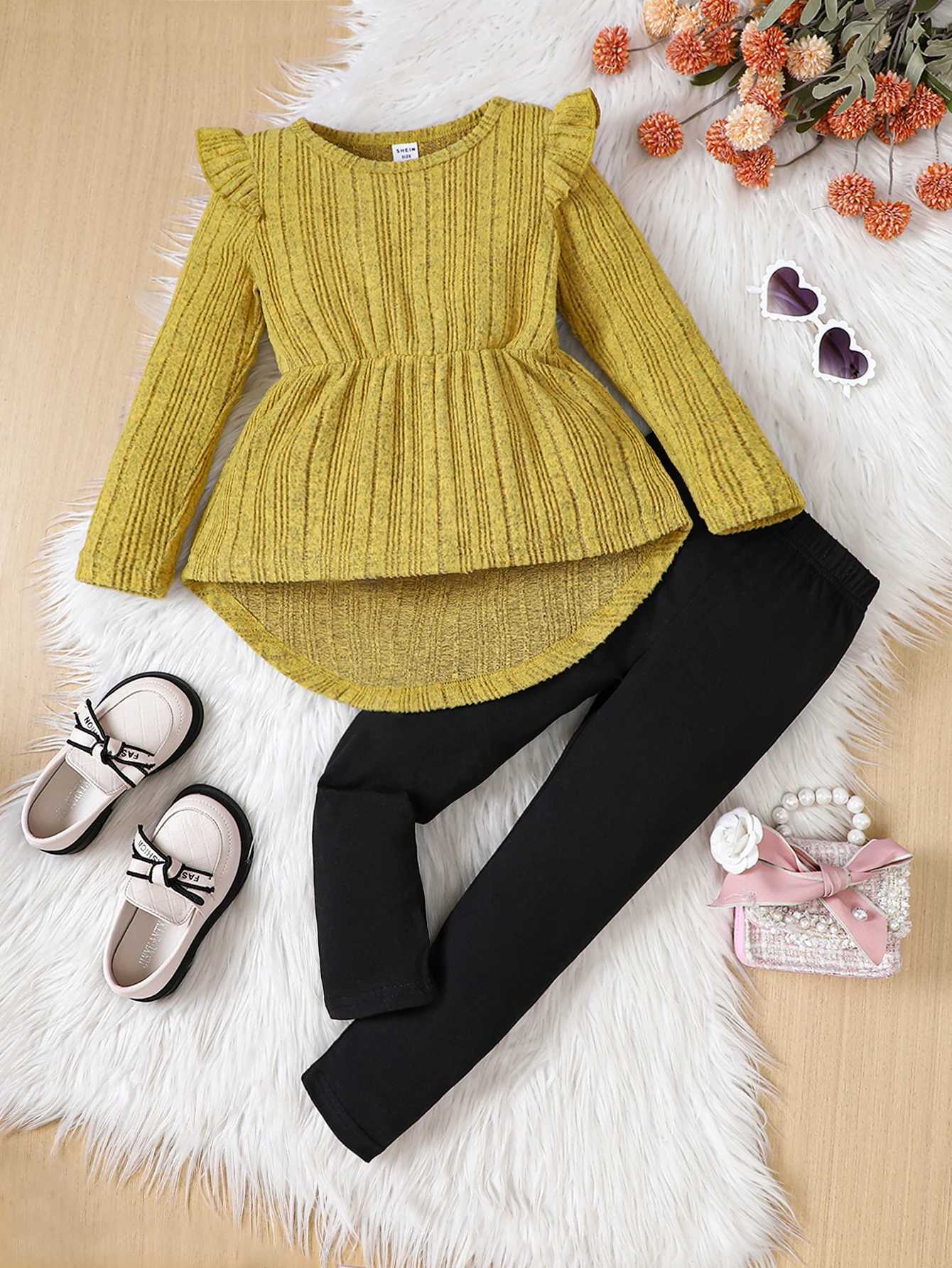 2PCS Spring and Autumn Womens Hoodie Lace Round Neck Long Sleeve Striped Knitted Solid Color Pants Fashionable Childrens Set W241025