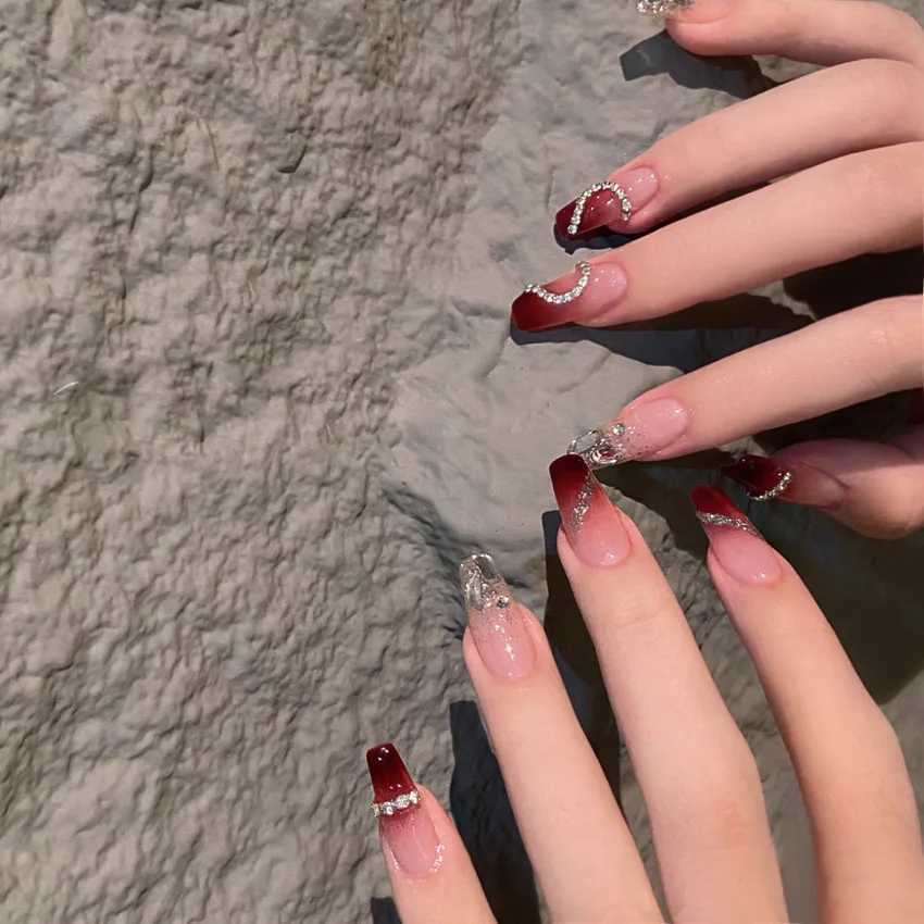 24pcs Fake Nails Press on Reusable with Gradient Designs Set French Artificial Diamond False Reusable with Glue Nails Tips ArtXJ241025