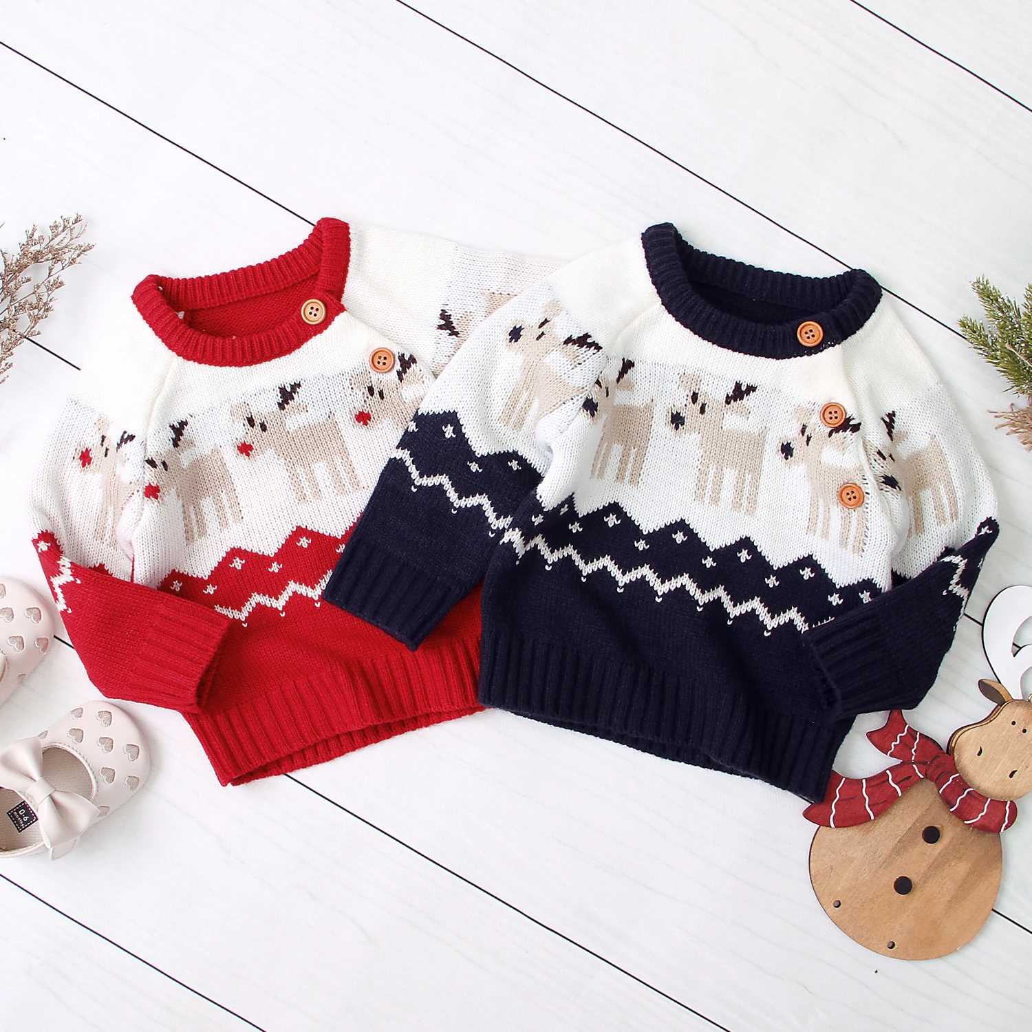 Christmas Girl Boy Knitted Cartoon Sweater Round Neck Long Sleeve Loose Sweater with Elk Pattern Suitable for Spring and Winter W241025