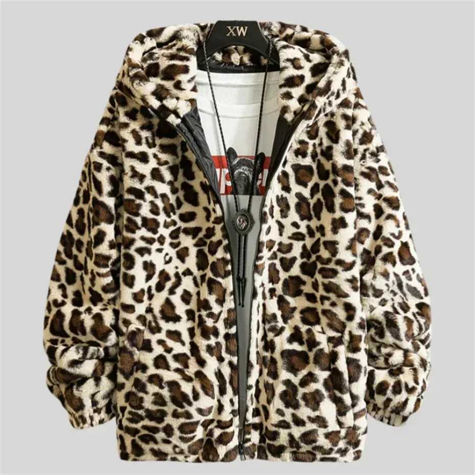 Mens winter Flce jacket leopard print wool jacket mens thick warm mens clothing oversized casual mens jacket W241024