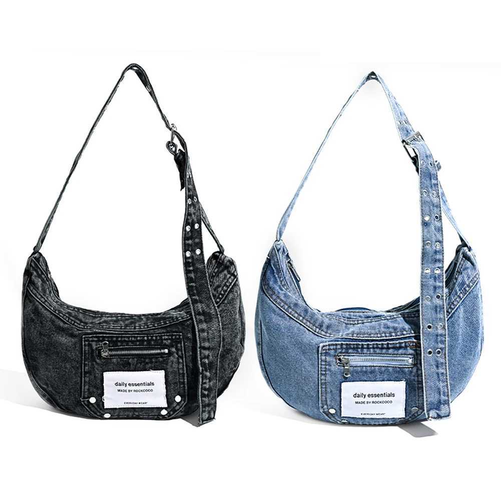 Denim Shoulder Bag Adjustable Strap Women Crescent Dual Pockets Messenger Zipper Travel Shopping Purse 241025
