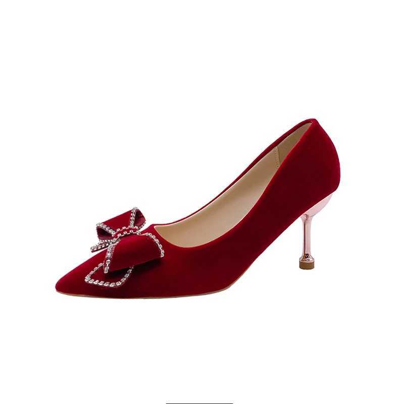 High Quality Spring/Summer New Rhine Bow Red Bridal High Heels Womens Pointed Slide Pump Large Wedding Shoes T241024