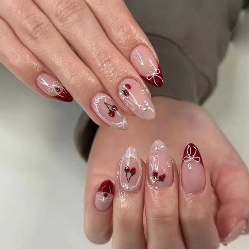 24Pcs Solid Color Red Press on Fake Nails with Bow Design Mid-length Almond False Nail Litchi Pattern Wearable Oval Nail Art TipXJ241025