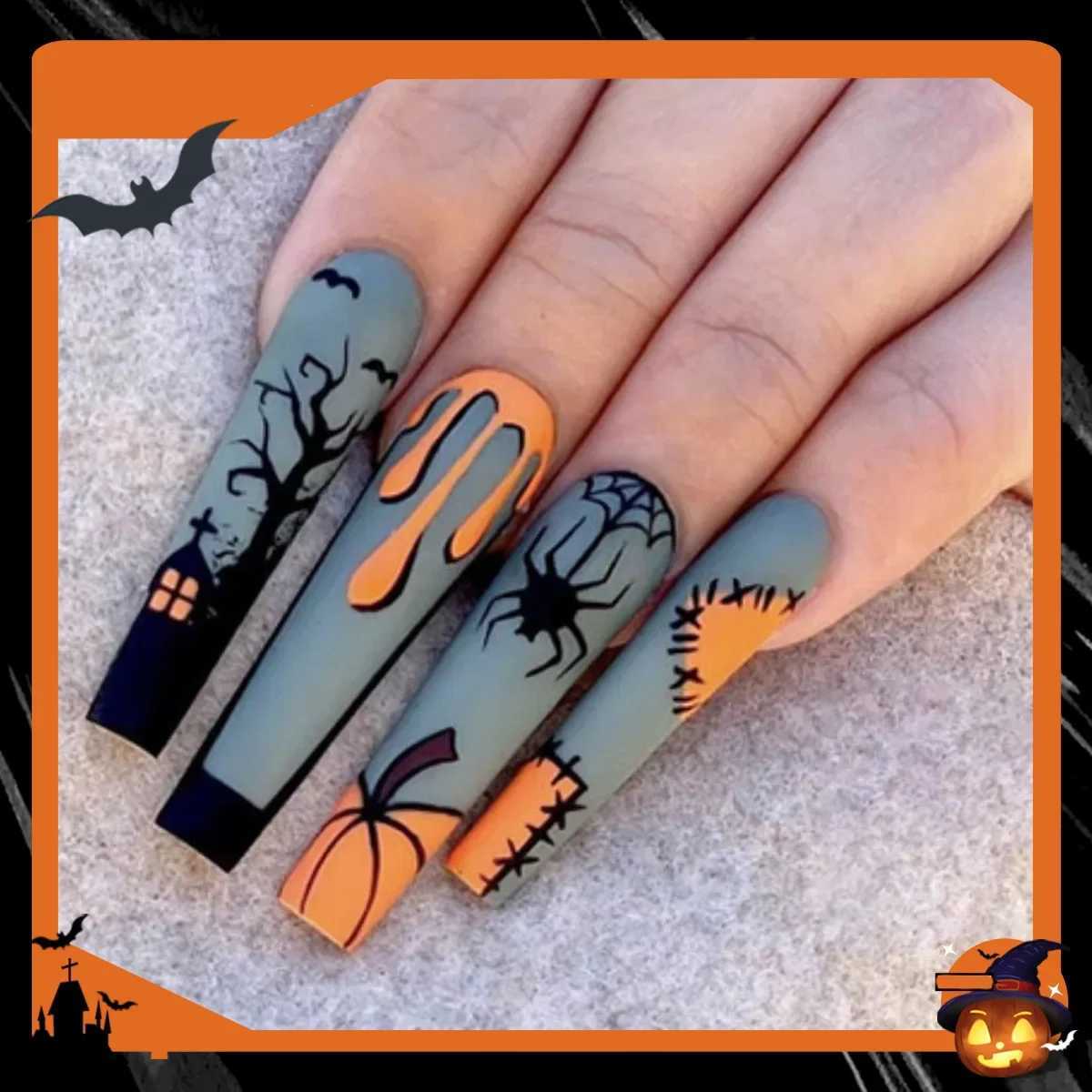 24Pcs Halloween Fake Nails Extra Long Almond False Nails with Spider Web Design Press on Nails Full Nail Tips XJ241025