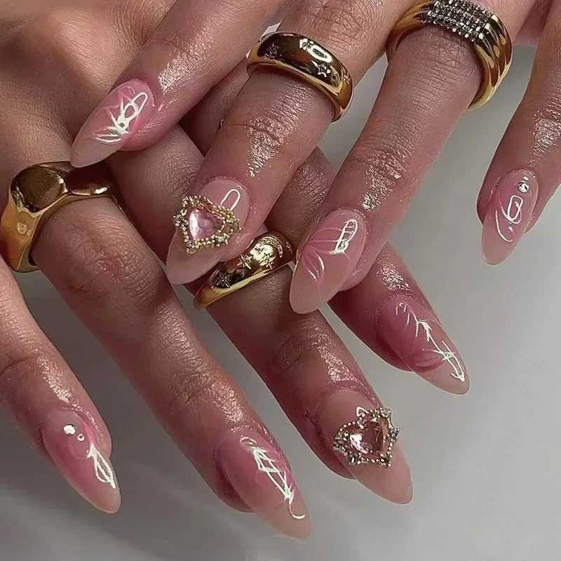 24Pcs Pink Almond French Press on Nails With Bow Pearl Design Fake Nails Ballerina False Nails Full Cover Nail Tips with glueXJ241025