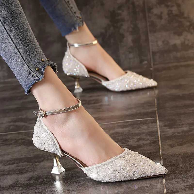 High Quality Womens shiny pumps ankle strap crystal high heels womens Pointed toes thin high heels wedding party shoes T241024