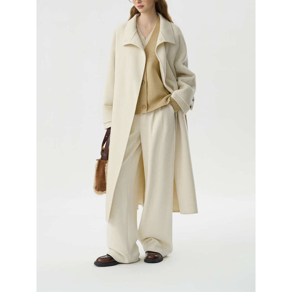 FSLE 88.9% High Collar Alpaca Wool Elegant White Versatile Coat 2024 Winter New Double-Sided Tweed Long Jacket 24Fs14437