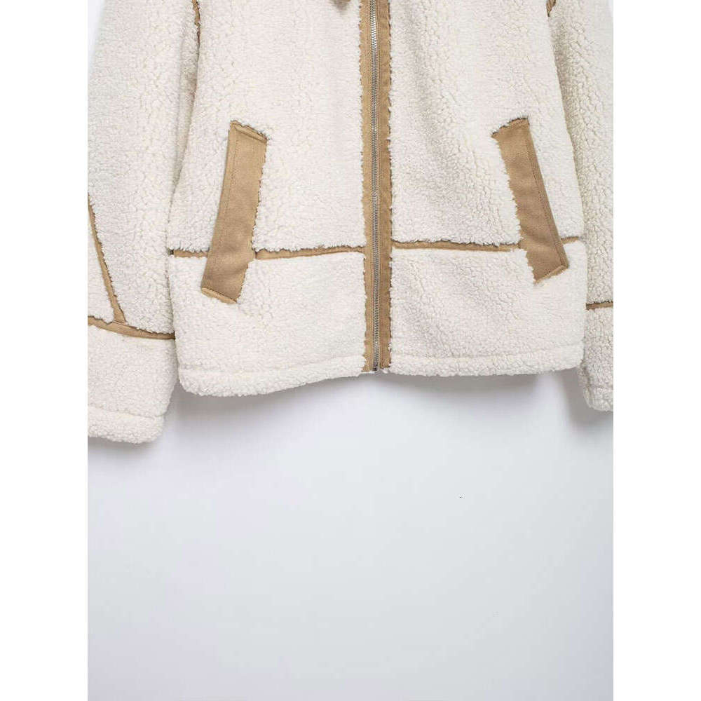 TRAF 2024 Winter Women Lamb Fleece Jacket Lapel Zipper Contrast Color Integrated Overcoat Versatile Warm Thickened Coat
