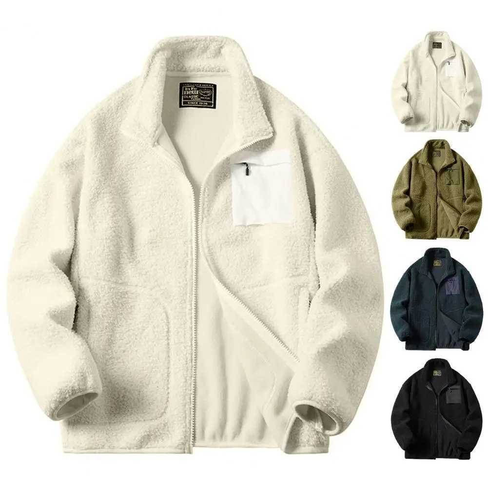 Artificial Lambswool jacket autumn zipper plaid collar long sleeved jacket with pockets W241024