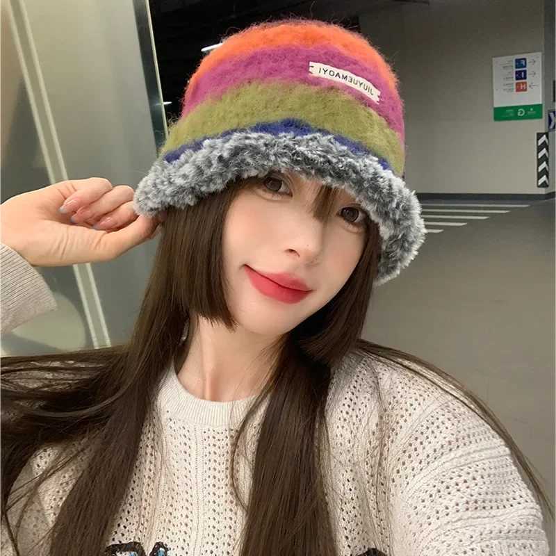 Japanese New Gradient Wool Rainbow Color Stripe Beanies Women Handmade Crochet Beanie Thick Warm Knitted Hat Winter Bucket HatX241025