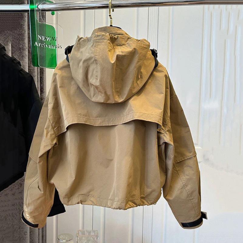 Women's Jackets Autumn Quality Hooded Bomber Jacket Casual Short Cargo Coat For Woman Zipper Pocket Khaki Baseball Female Outwear