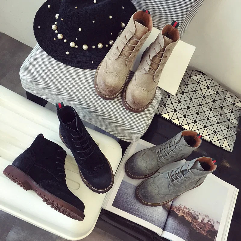 Matte leather womens shoes genuine leather womens short boots suede ankle boots British lace retro trend womens nude boots 241024