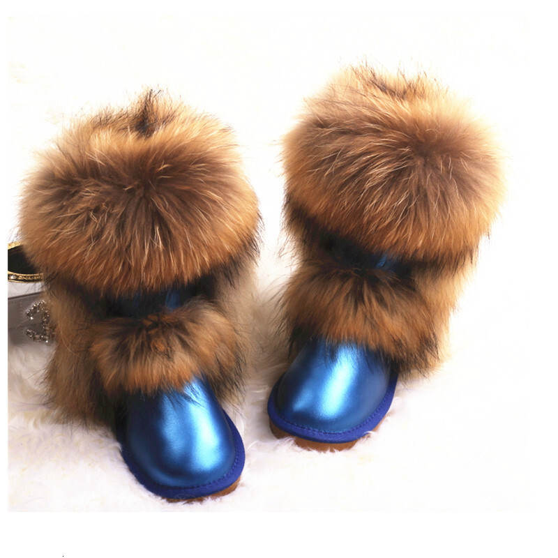 Winter Women Genuine Leather Snow Fox Fur Mid-Calf Warm Boots Female Shoes Size 34-40