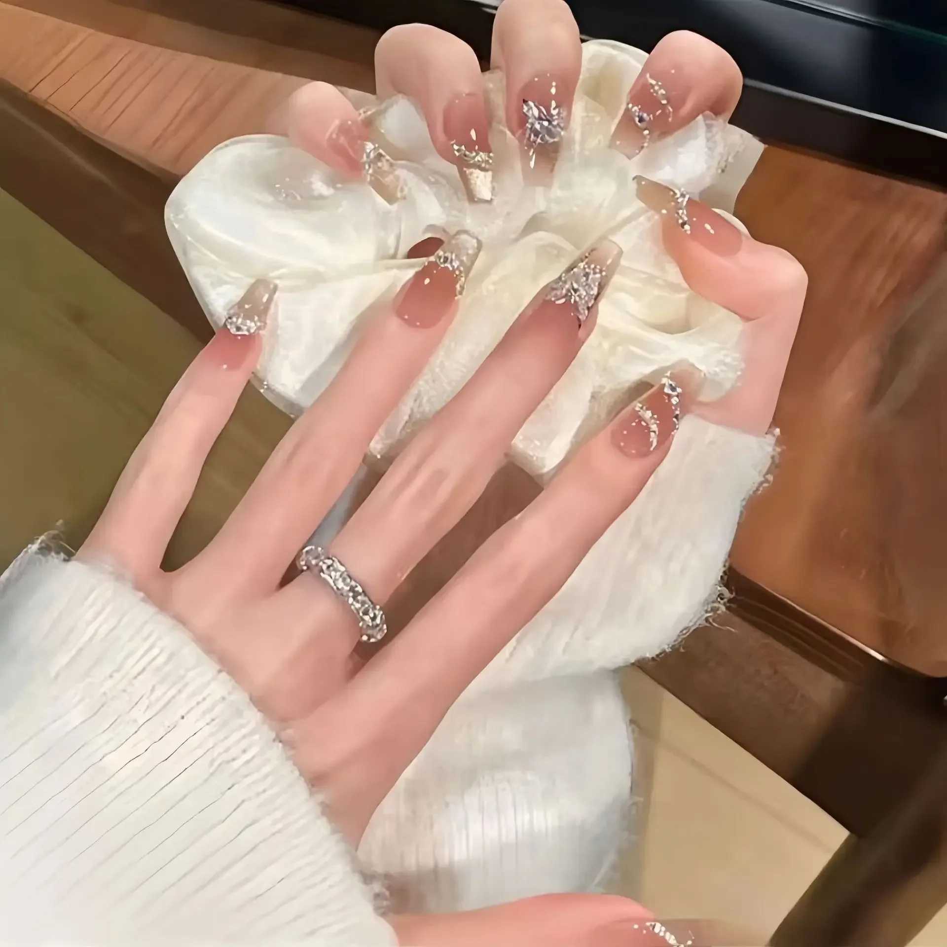 10Pcs French Handmade Press on Nails Fake Nails with Rhinestone Decoration Wearable Stick-on Nails Full Cover False Nail UasXJ241025