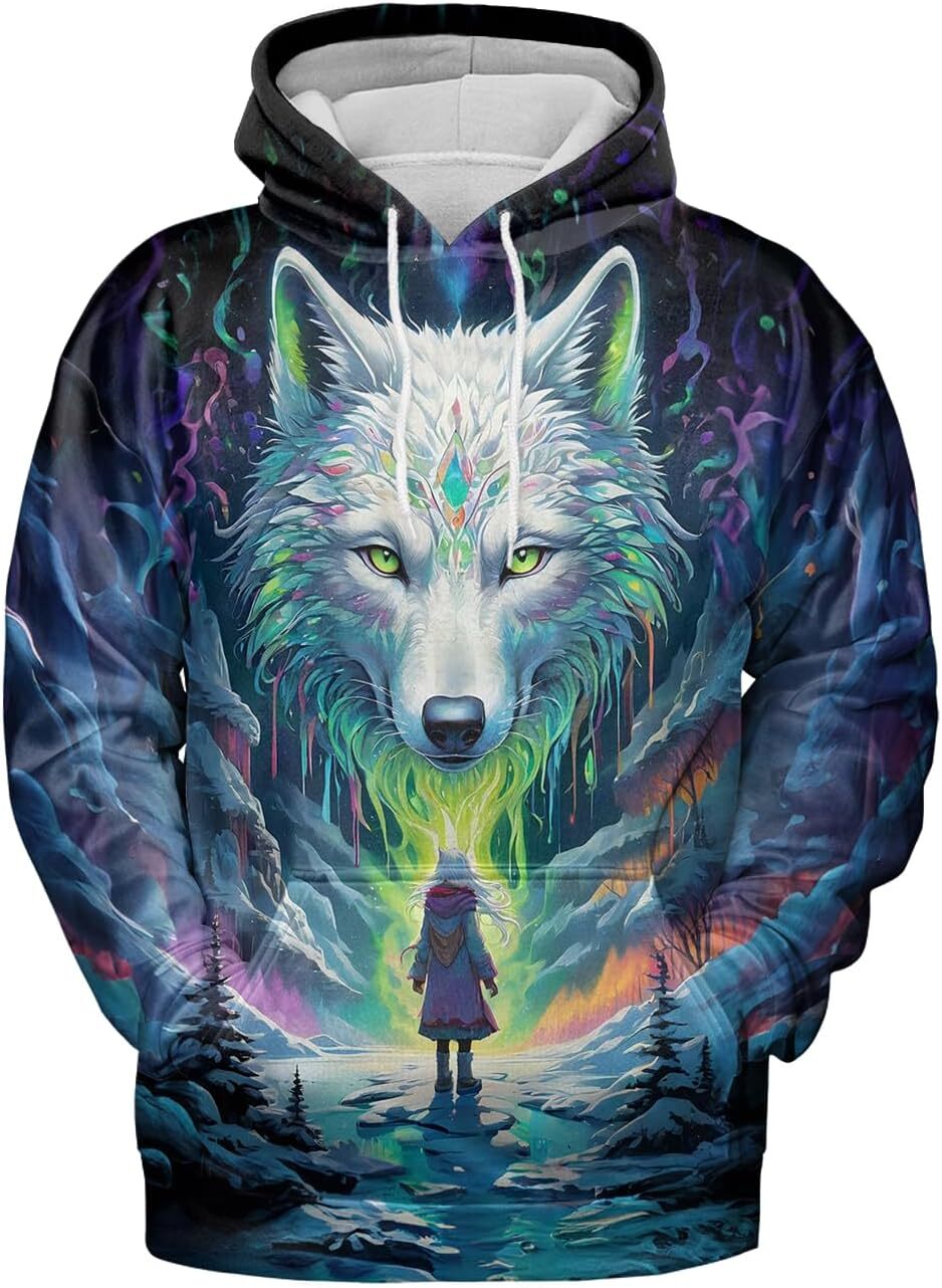 Hoodie for Mens Womens Wolf Hoodies For Men 3D Print Three Wolf Moon Adults Wolves Face Hooded Galaxy Sweatshirt Wolf Graphic Hoodies sweatshirt Pullo
