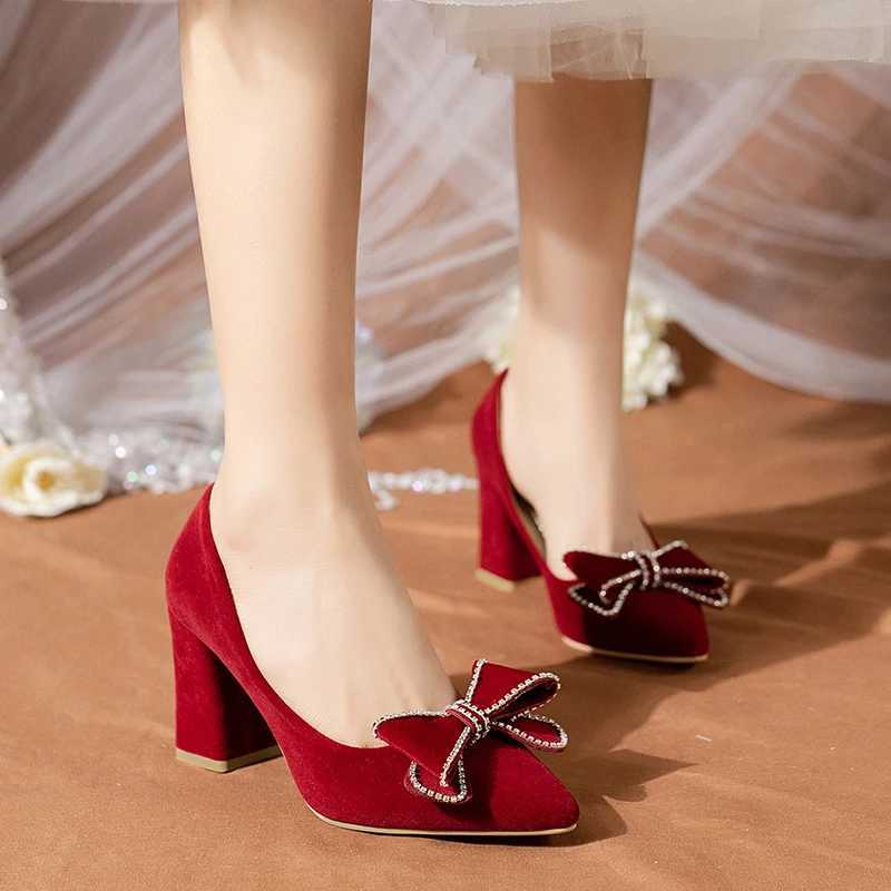 High Quality Womens Spring/Summer New Red Rhine Bow Large Wedding Shoes with Comfortable Corner and Shallow Mouth High Heels T241024