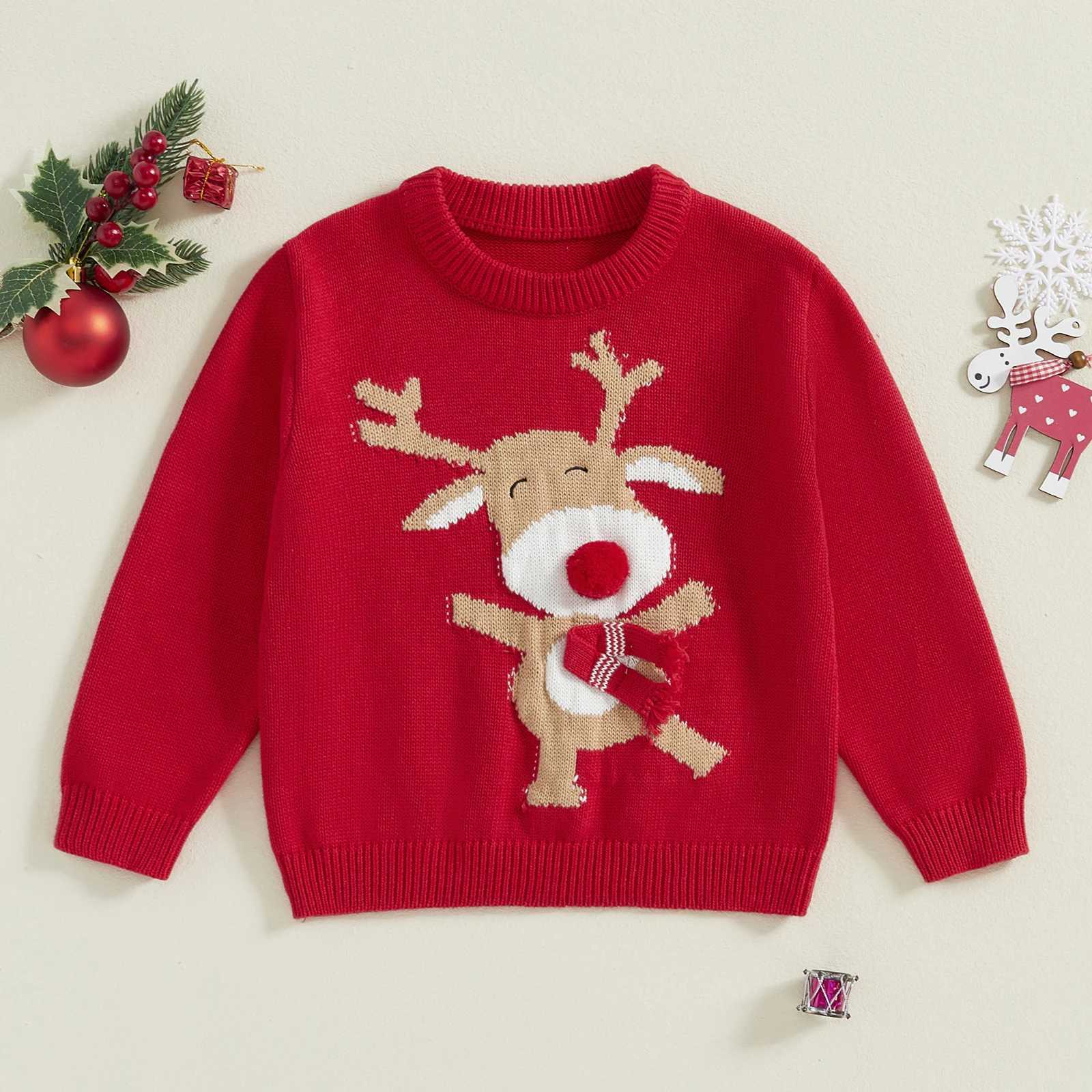 MISOWMNJOY Christmas Knitted Baby Girl Boy Sweater Cute Reindeer Children Winter Warm Clothing Parachute Baby Top W241025