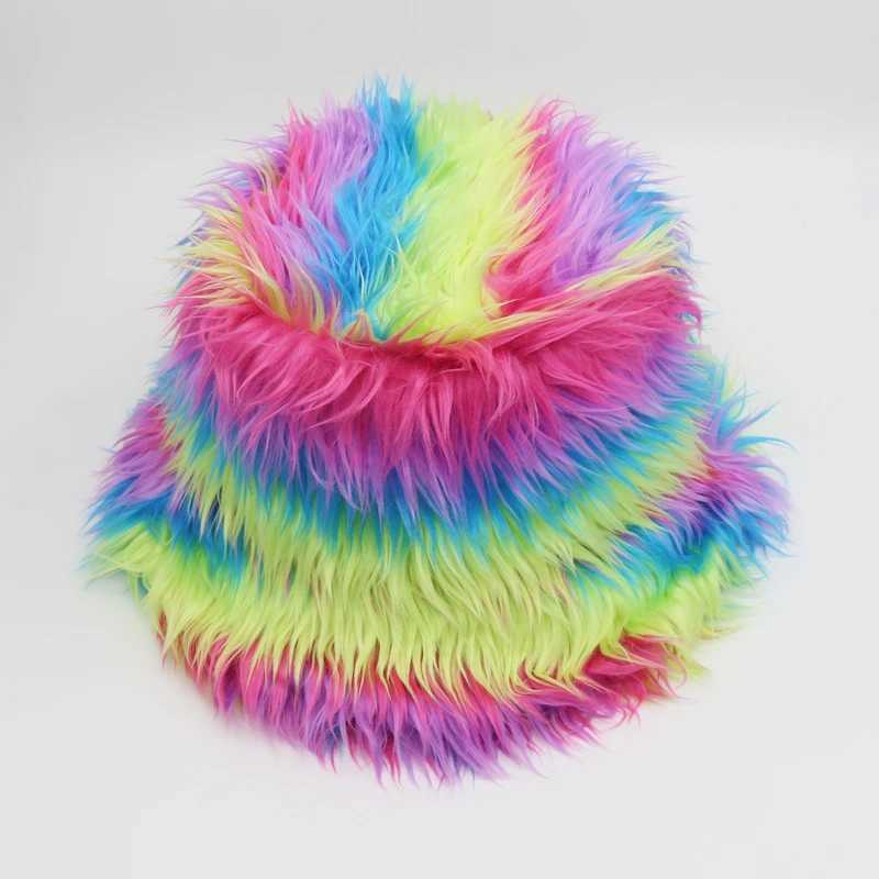 2022 Women Men Fashion Rainbow Faux Fur Bucket Hat Winter Thickened Soft Warm Fluffy Fishing Cap Outdoor Vacation Fisherman HatX241025