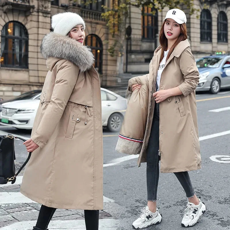 Winter Jacket Womens Parkas Thick Warm Fur Lining Long Coat Hooded Female Fleece Padded Parka Distachable Outwear 241021