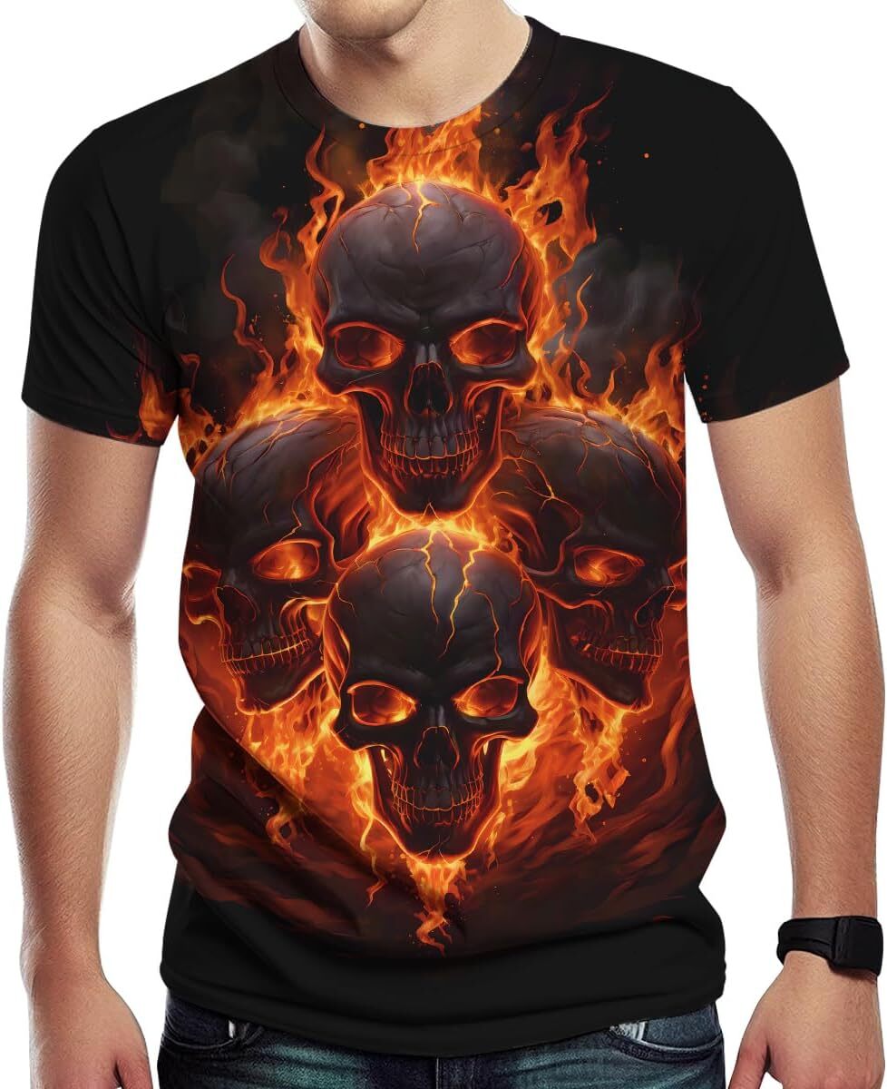 Mens T shirt Creative Flame Skull T-Shirt for Men Summer Fashion Graphic Shirts Short Sleeve tee Casual tops summer clothes Hip hop trend