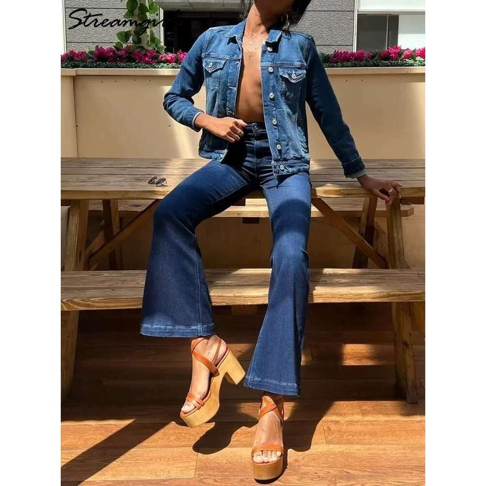 Elastic Stretch Full Denim Pants Soring Black Skinny Jean High Waist Flare Leg Blue Jeans For Women