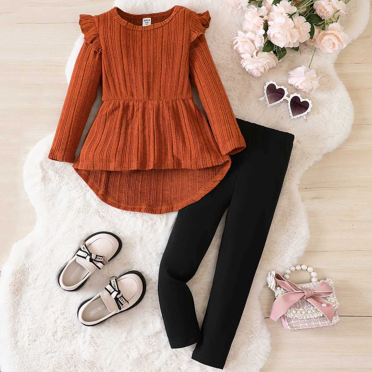 2PCS Spring and Autumn Womens Hoodie Lace Round Neck Long Sleeve Striped Knitted Solid Color Pants Fashionable Childrens Set W241025