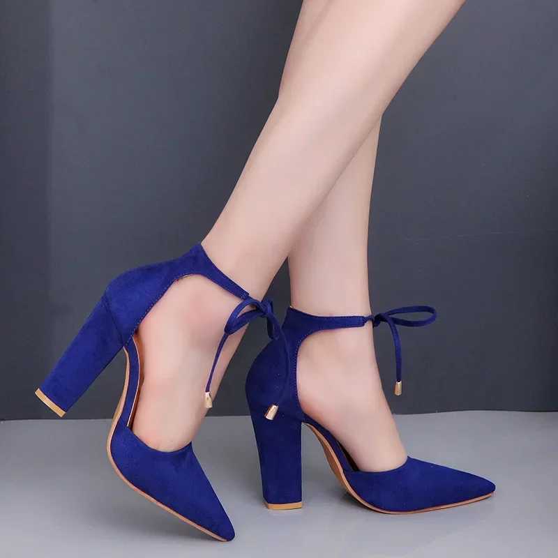 High Quality Sexy Pointed Toe Womens Shoes Square High Heels Lace Up Womens Pump Wedding Belt Blue Womens Shoes Zapatos MUJI Product Size 43 T241024