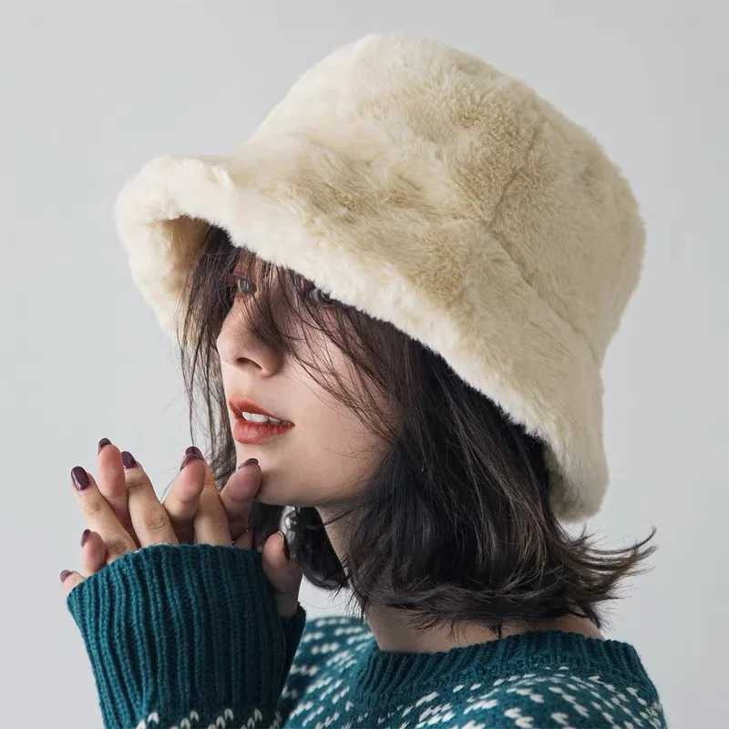 Soft Faux Rabbit Fur Bucket Hat Solid Thicken Autumn Winter Warm Plush Panama Casual Hats for Women Ladies Fisherman Caps BonnetX241025