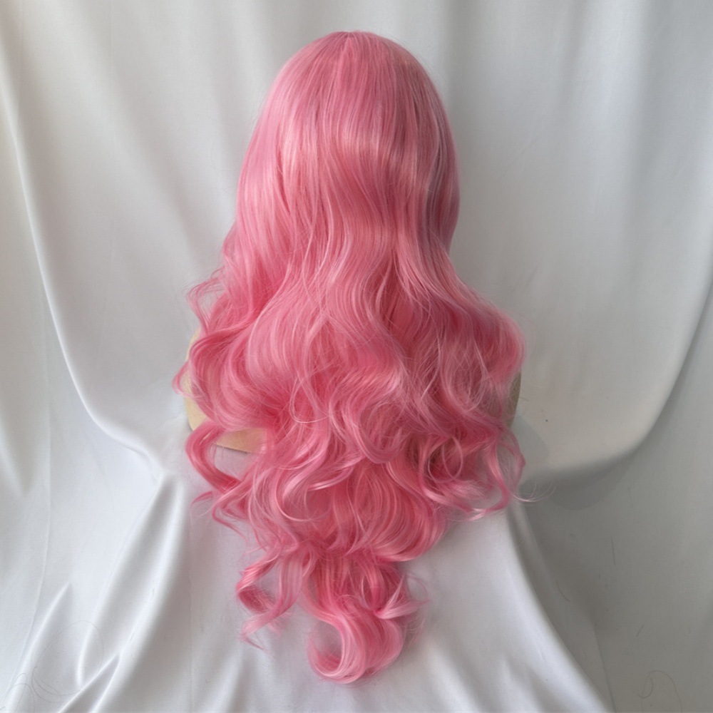 Wig for women with middle-parted bangs long hair and big waves pink wigs