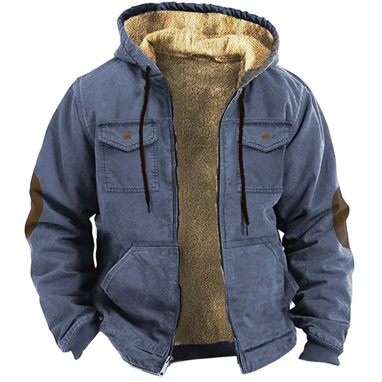 Mens plush lined hooded jacket Gothic retro thick hot hooded jacket with multiple pockets solid color Lambswool lined jacket W241024