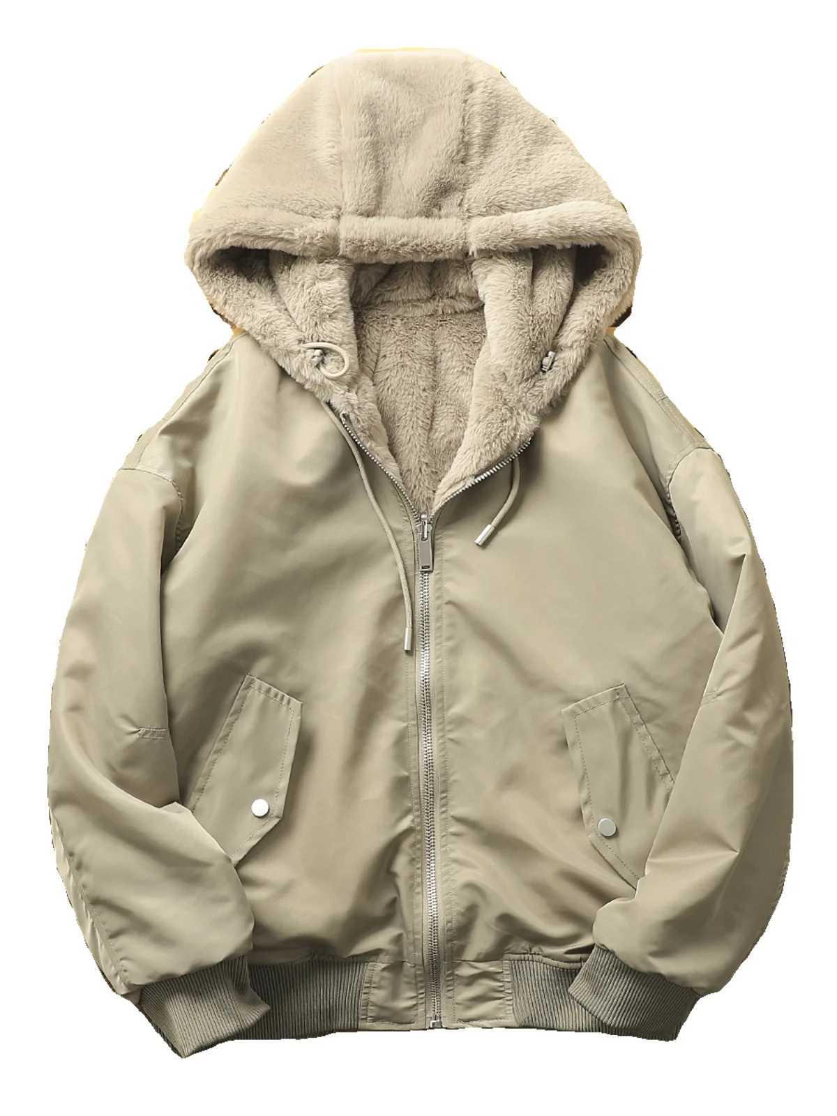 Double sided rabbit plush inner winter mens thick warm bomber jacket light luxury cashmere padded coat unisex hooded park W241024