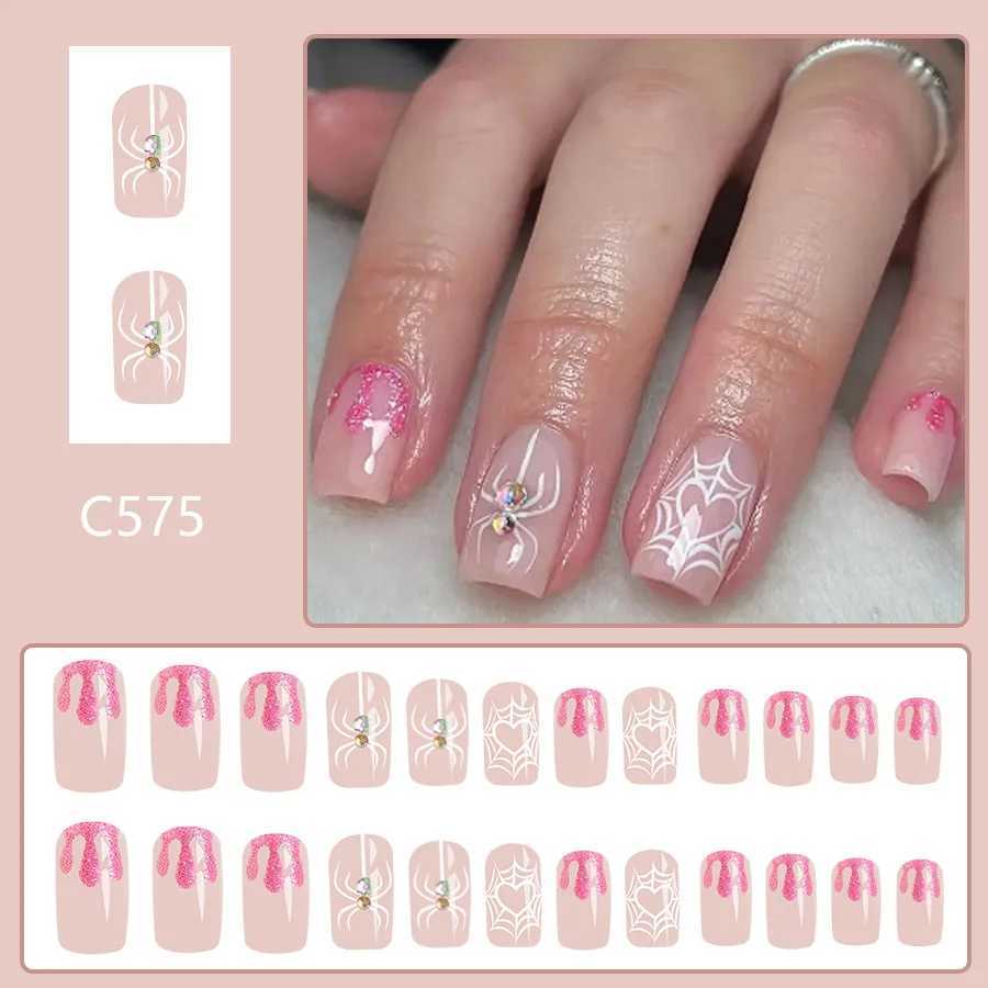 24pcs Halloween Short Fake Nails Ins Simple Shiny spider web Design False Nails for Women Wearable Detachable Press on NailsXJ241025