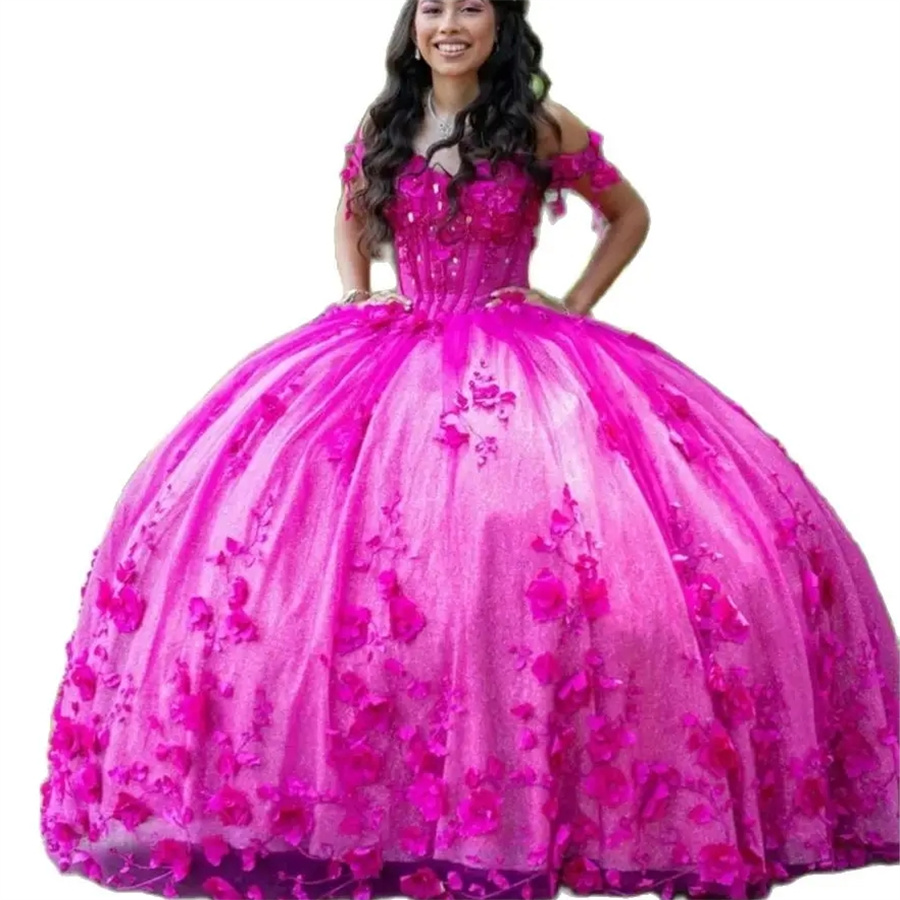 Gorgeous Hot Pink Quinceanera Dresses 2025 Luxury Puffy Tulle 3D Flower Florals Fifteen Birthday Dress Elegant Vestido De 15 Anos Luxury Sweet 16 Part
