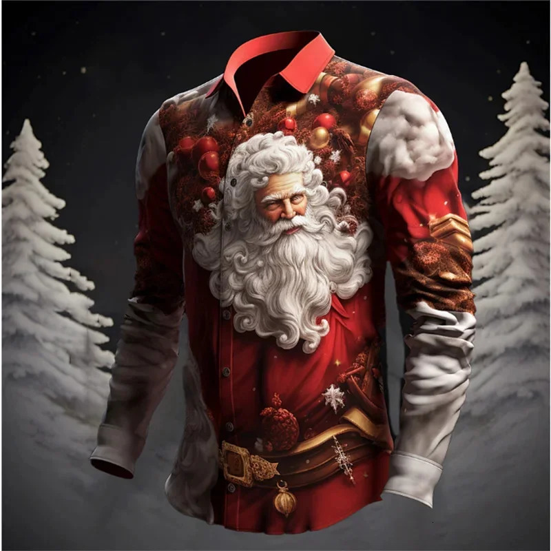 Santa Claus Christmas Tree Casual Mens Shirt Autumn and Winter Long Sleeve XS6XL Fourway Stretch Fabric 241025