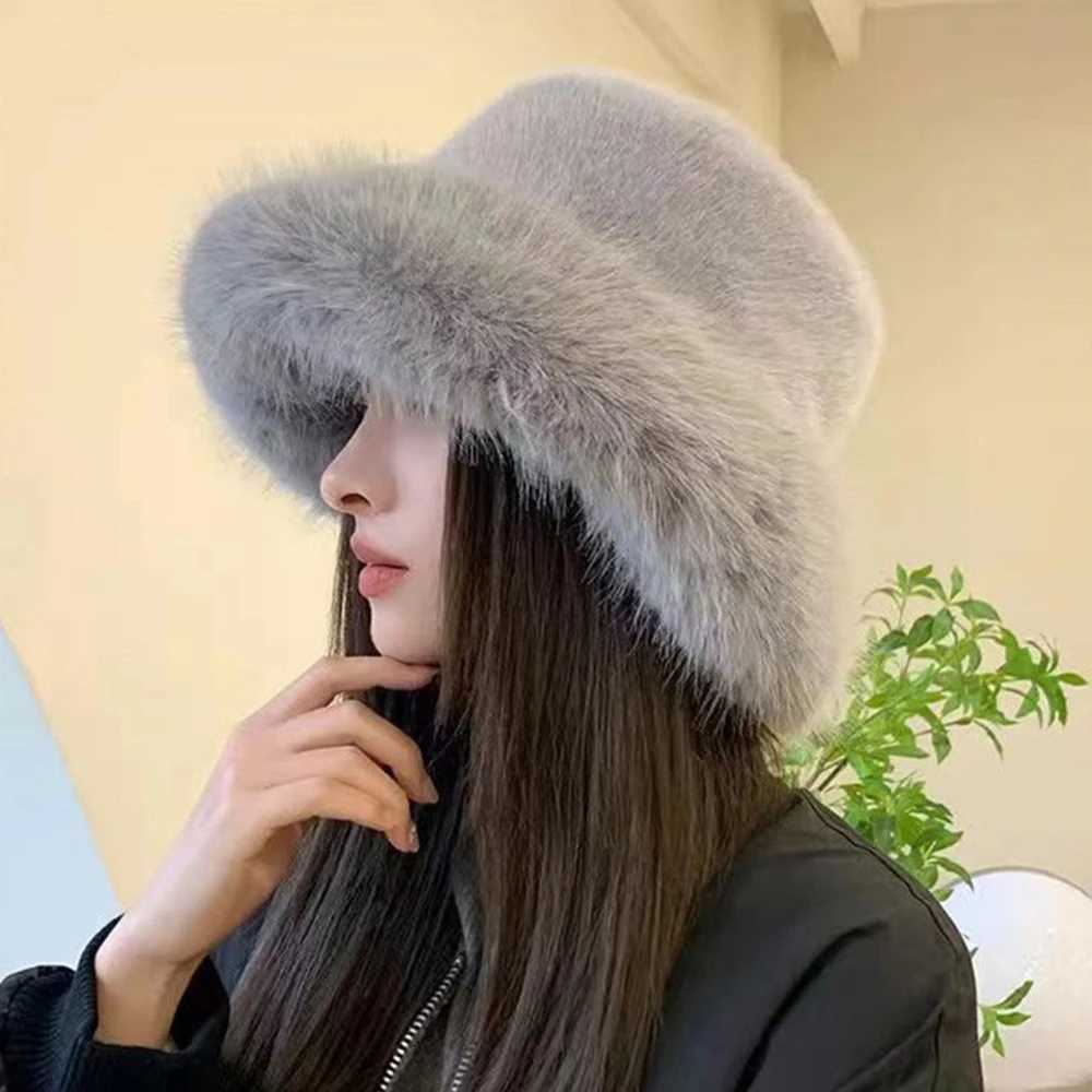 Women Faux Fur Fluffy Bucket Hat Winter Thicken Ear Protection Cap Soft Plush Casual Versatile Panama Cap Windproof Warm HatsX241025