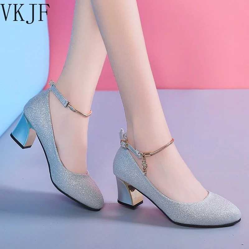 High Quality Womens Wedding High Heels Sier Blue Spring Ankle with Crystal Shallow Block High Heel Pump Women Plus Size T241024