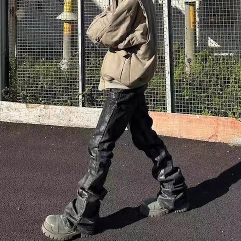 High Street Hand Brushed Glue Sparkling Baggy Flare Jeans for Men Y2k Pantalones Hombre Leather Pants Oversized y241010