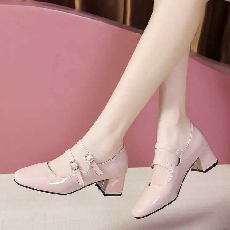 High Quality Autumn New Thick Single Shoes Square Head Shallow Mouth E-Line Buckle Mary Jane Fey High Heels T241024